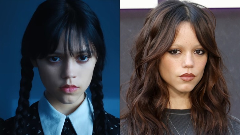 Jenna Ortega in her character as Wednesday Addams and in real life on the red carpet