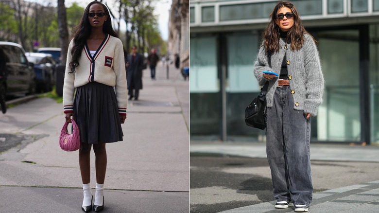 Split image of Fashion Week attendees wearing outfits featuring sizable cardigans