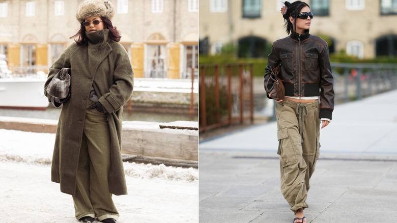 Split image of two women wearing funnel-neck jackets in different styles