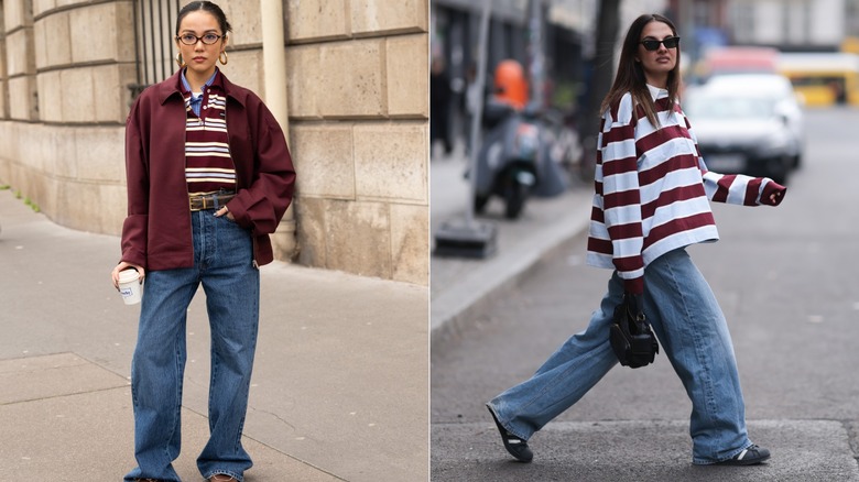Split image of women wearing stripped, polo shirts with jeans