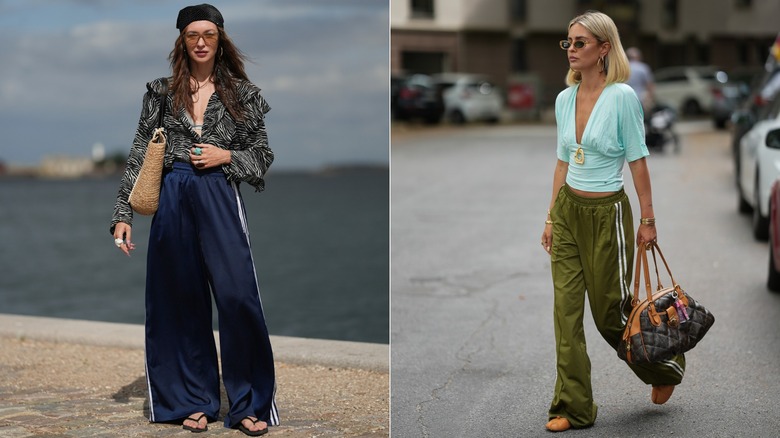 Split image of women wearing track-style pants with nice blouses and accessories