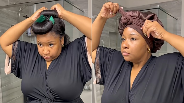 A woman on YouTube using three velvet rods and again using a bonnet in her hair