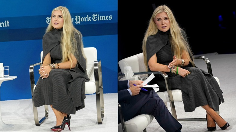 Two images of Erika Kirk on stage in a gray dress