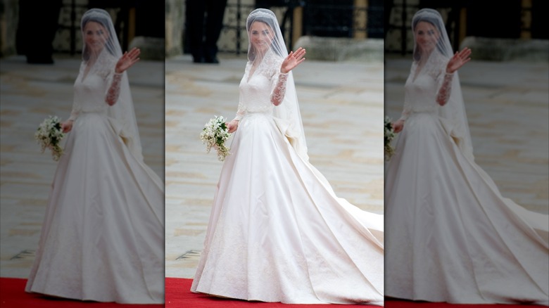 Kate Middleton waving on her wedding day