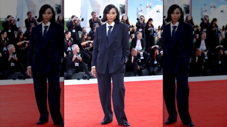 Jessica Williams in a blue Armani suit at the 2025 Venice Film Festival