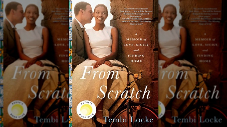 The cover of From Scratch, featuring a woman smiling while a man hugs her