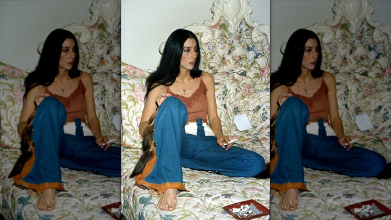 Cher sits in bed wearing flared jeans and a brown vest.