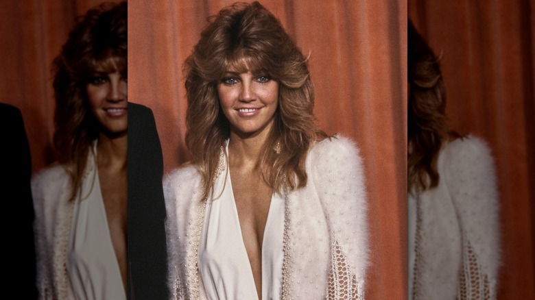 Heather Locklear smiling at an '80s event with her hair styled in a feathering shag