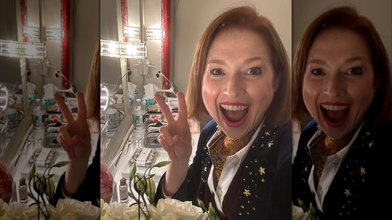 Ellie Kemper posing backstage on Broadway