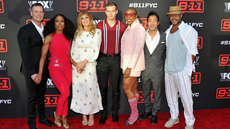 Actors Peter Krause, Angela Bassett, Connie Britton, Oliver Stark, Aisha Hinds, Kenneth Choi and Rockmond Dunbar attend the FYC Event for Fox's "9-1-1" at Saban Media Center on June 4, 2018