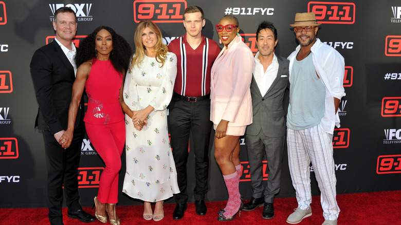 Actors Peter Krause, Angela Bassett, Connie Britton, Oliver Stark, Aisha Hinds, Kenneth Choi and Rockmond Dunbar attend the FYC Event for Fox's "9-1-1" at Saban Media Center on June 4, 2018