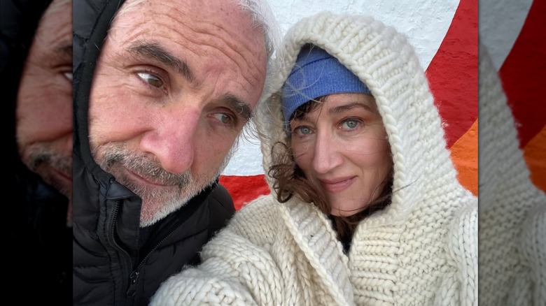Maria Doyle Kennedy and her husband Kieran all bundled up for cold weather