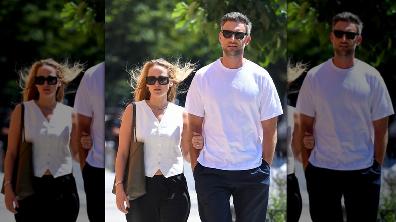 Jennifer Lawrence walking with husband Cooke Maroney