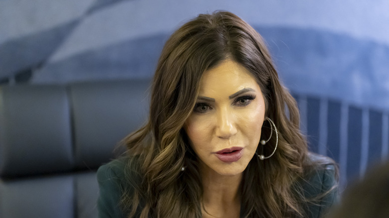U.S. Homeland Security Secretary Kristi Noem speaks with a reporter on her plane while en route from Quito, Ecuador to Joint Base Andrews, Maryland n July 31, 2025
