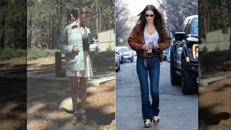 Split image of Selena Gomez and Bella Hadid wearing outfits with suede sneakers