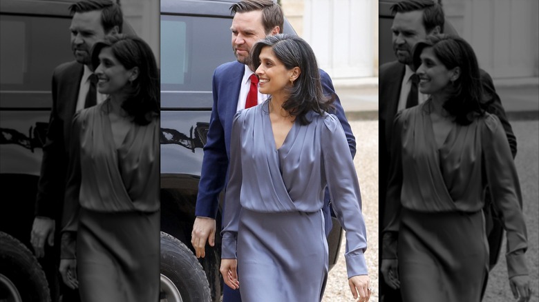 Usha Vance with husband Vice President JD Vance before "working lunch" with the French President in February 2025