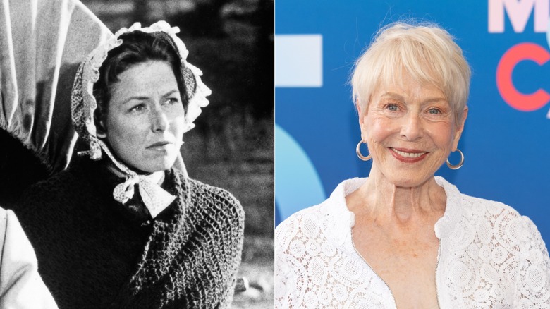 Side-by-side photos of Karen Grassle in a still shot from "Little House on the Prairie" and on the red carpet