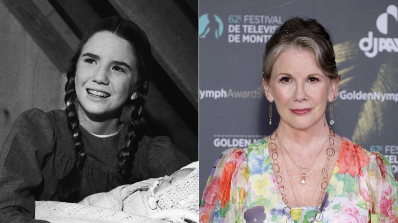 Side-by-side photos of Melissa Gilbert in a still shot from "Little House on the Prairie" and on the red carpet