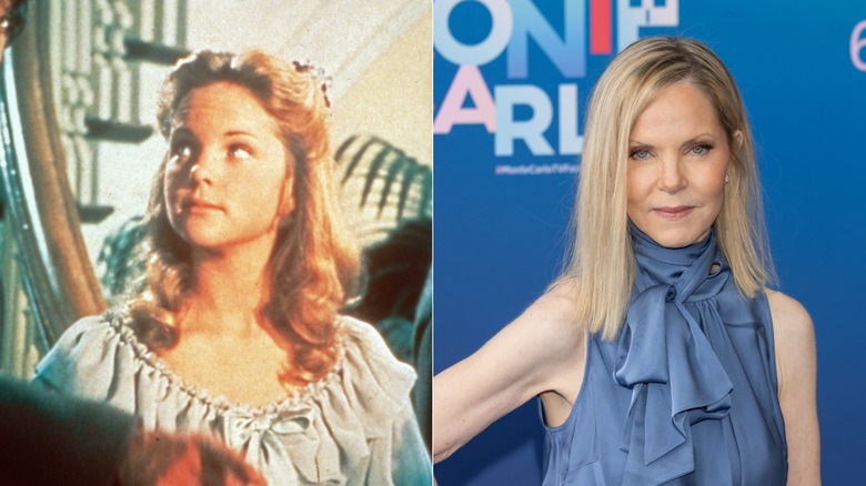 Side-by-side photos of Melissa Sue Anderson in a still shot from "Little House on the Prairie" and on the red carpet