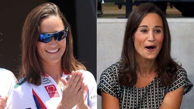 Pippa Middleton with a lob haircut in 2014, side by side photos