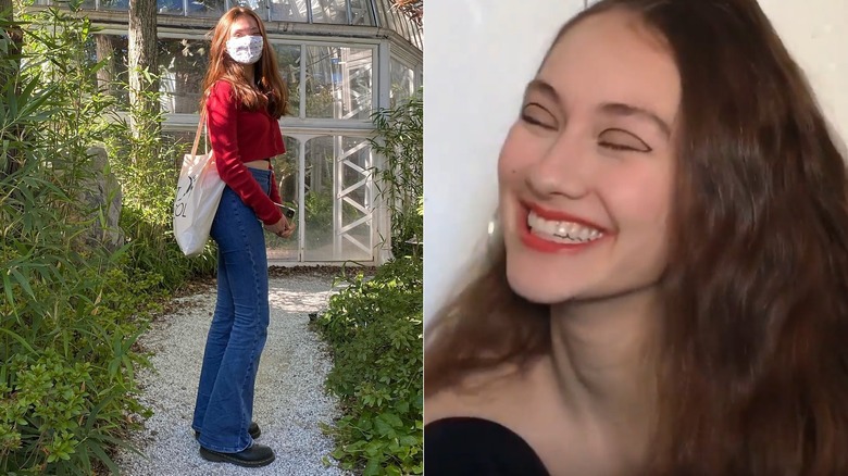 Lola Tung wearing a crop top and jeans and with dramatic makeup, side by side photos