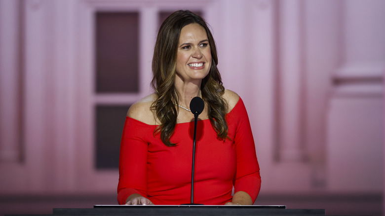 Sarah Huckabee Sanders wears red dress