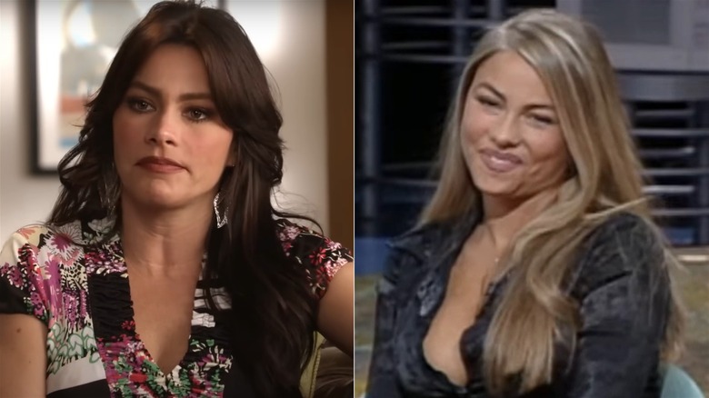 Sofia Vergara on Modern Family and with her natural hair, side by side photos