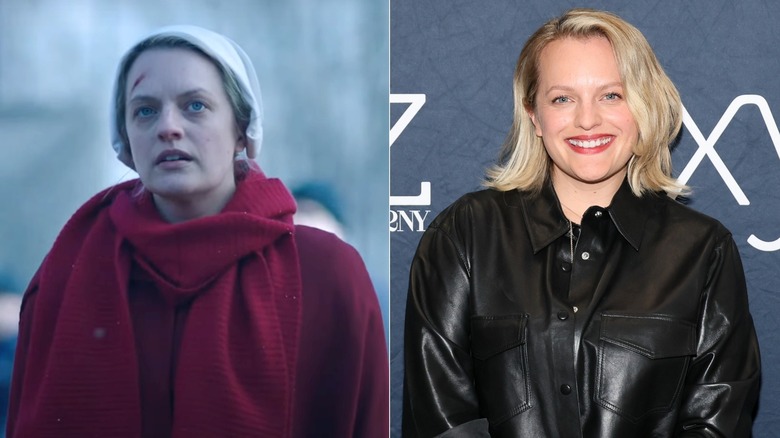 Elisabeth Moss in The Handmaid's Tale and on the red carpet, side by side photos
