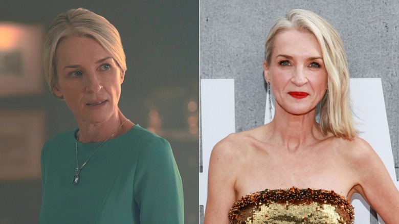 Ever Carradine in The Handmaid's Tale and on the red carpet, side by side photos