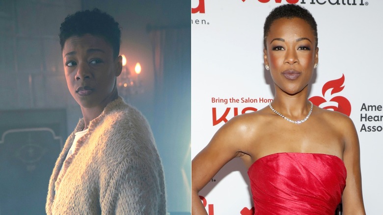 Samira Wiley in The Handmaid's Tale and on the red carpet, side by side photos