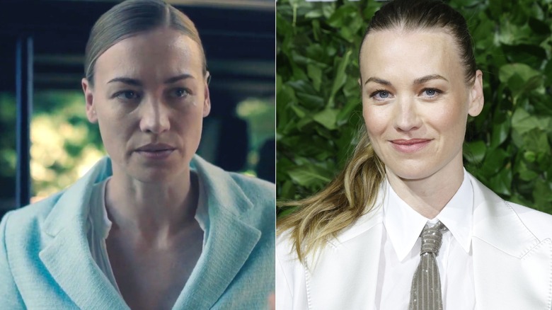 Yvonne Strahovski in The Handmaid's Tale and on the red carpet, side by side photos
