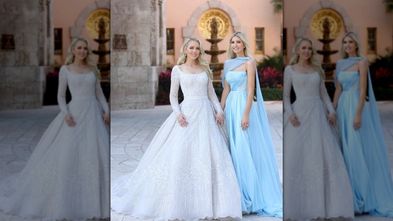 Tiffany Trump in a wedding gown standing next to Ivanka Trump in a blue gown