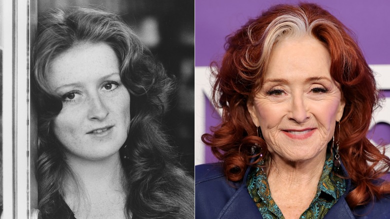 Bonnie Raitt in 1970 (left) and 2025 (right), both smiling