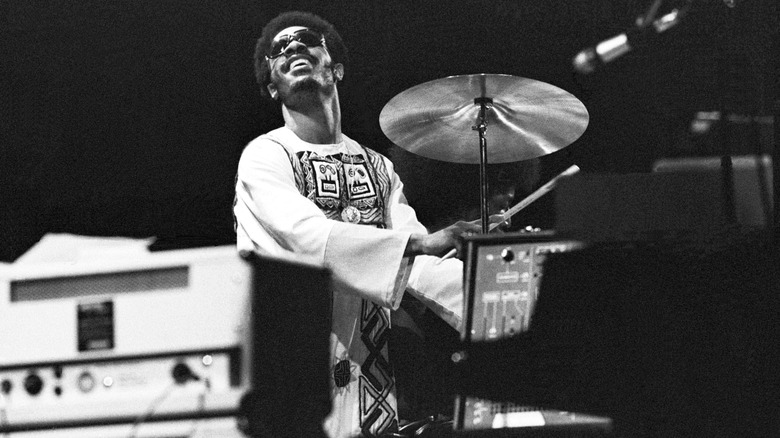An undated photo of Stevie Wonder in concert