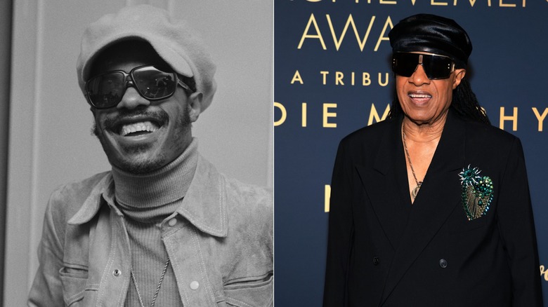 Stevie Wonder pictured in 1974 (left) and 2026 (right)