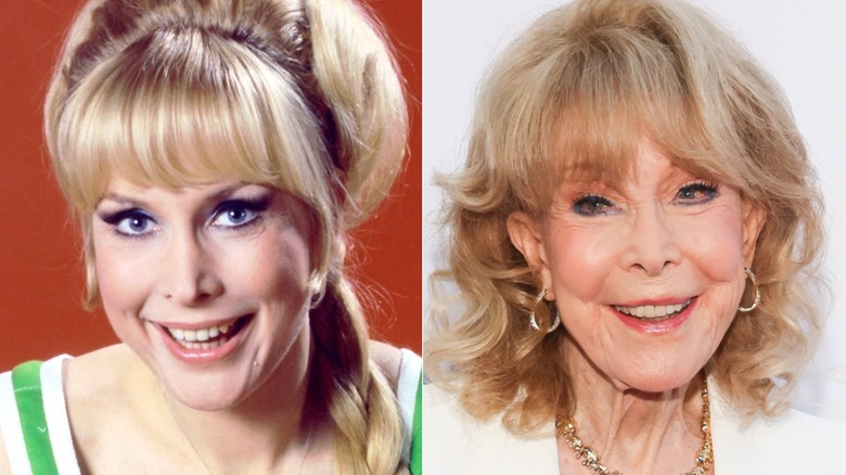 Barbara Eden smiling during a 1965 photoshoot and on the red carpet in 2026, side by side photos
