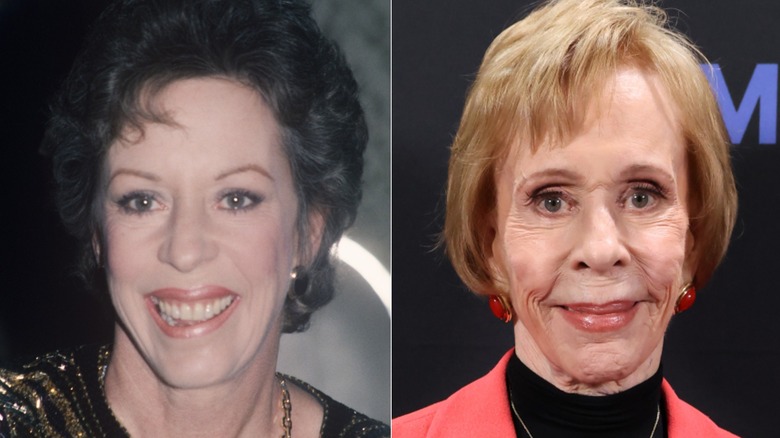 Carol Burnett smiling at an event in 1970 and on the red carpet in 2026, side by side photos