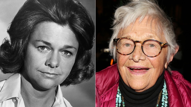 Black and white photo of Estelle Parson in 1970 and her smiling on the red carpet in 2025, side by side photos