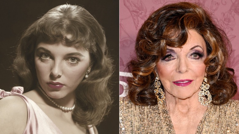 Joan Collins during a photoshoot in 1954 and on the red carpet in 2026, side by side photos