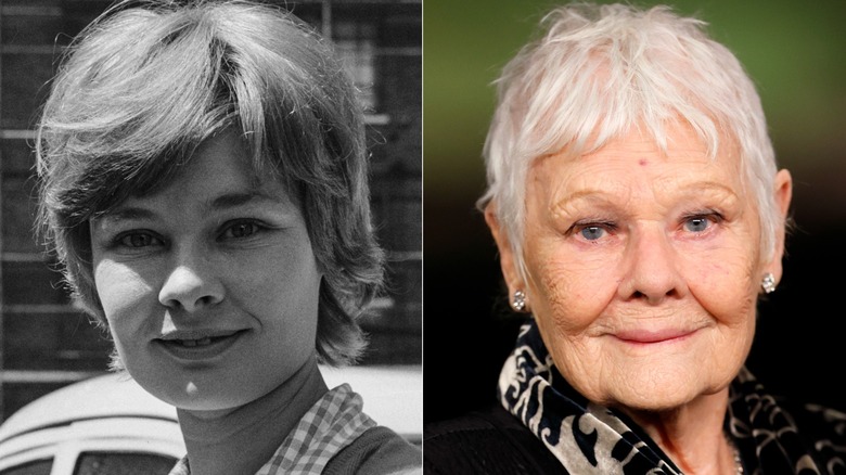Black and white photo of Judi Dench in 1960 and with on the red carpet in 2026, side by side photos