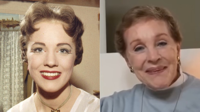 Julie Andrews smiling in her dessing room in 1960 and in 2026 while sitting on a sofa, side by side photos