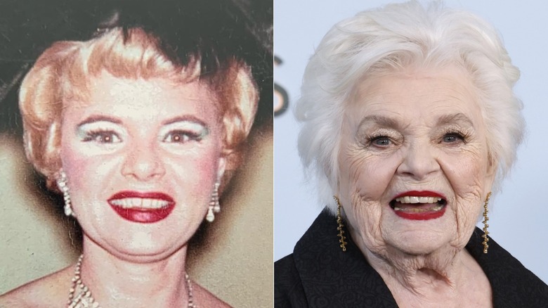 June Squibb smiling in 1960 and smiling on the red carpet in 2026, side by side photos