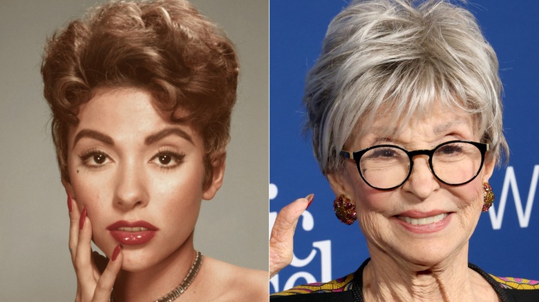 Rita Moreno during a 1950s photoshoot and waving on the red carpet in 2026, side by side photos