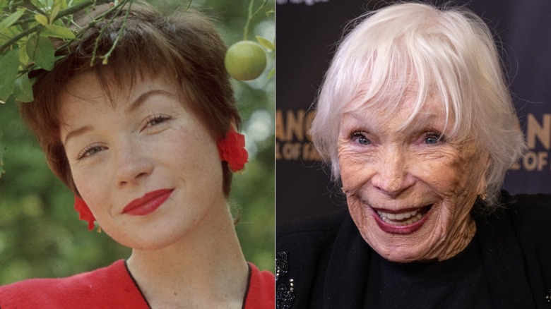Shirley MacLaine poisng during a 1955 photoshoot and smiling on the red carpet in 2026, side by side photos