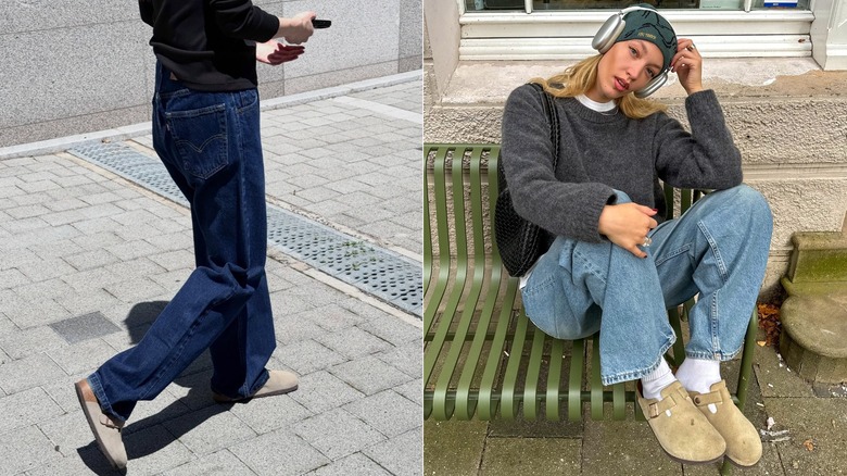 An image of the bottom half of a style influencer's outfit photo showing off dark blue Levi's jeans and Birkenstock Boston clogs