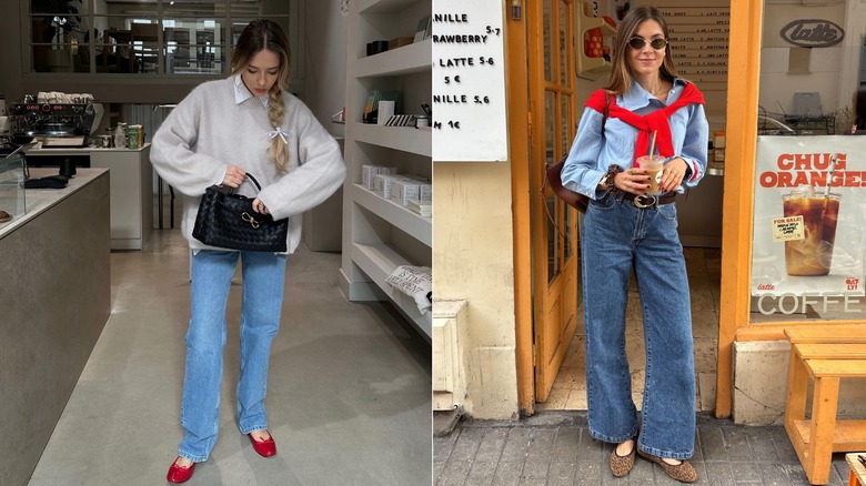 Images of style influencers styling ballet flats with jeans for fall
