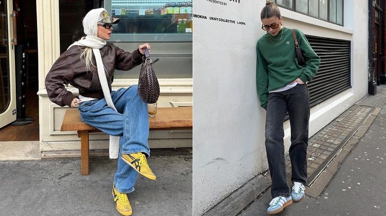 L: Fashion influencer Klaudia Paris sits on a bench posing for a photo wearing Onitsuka Tiger sneakers / R: Fashion influencer Charlotte Olivia leans against a wall wearing a green Champions sweatshirt, black jeans, and blue Adidas sneakers