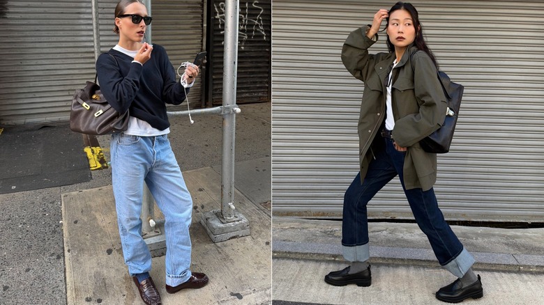 Images of style influencers styling loafers with long socks and cuffed jeans