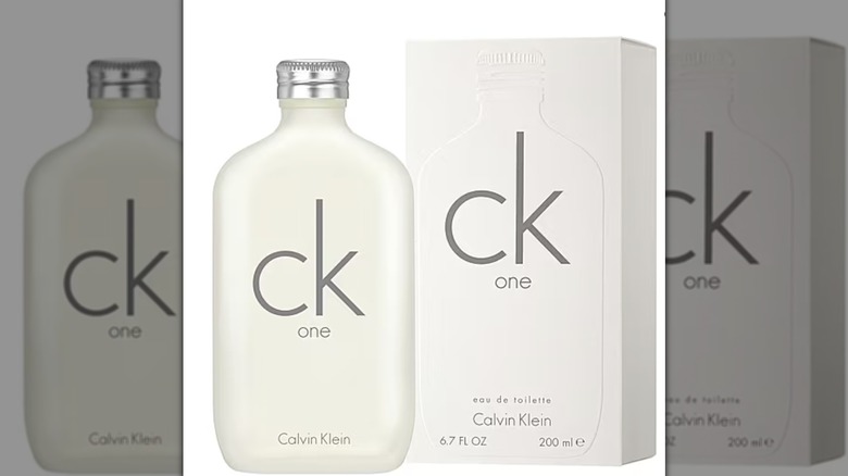 A bottle and box of CK One perfume