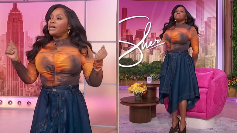 Split image of Sherri Shepherd wearing a tie-dye top with a denim skirt while on her daytime talk show
